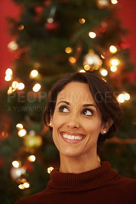 Buy stock photo Thinking, smile and Christmas with woman, home and ideas for festive season and planning for decorations. Person, apartment and lady with Xmas tree and celebration with joy and excited with holiday