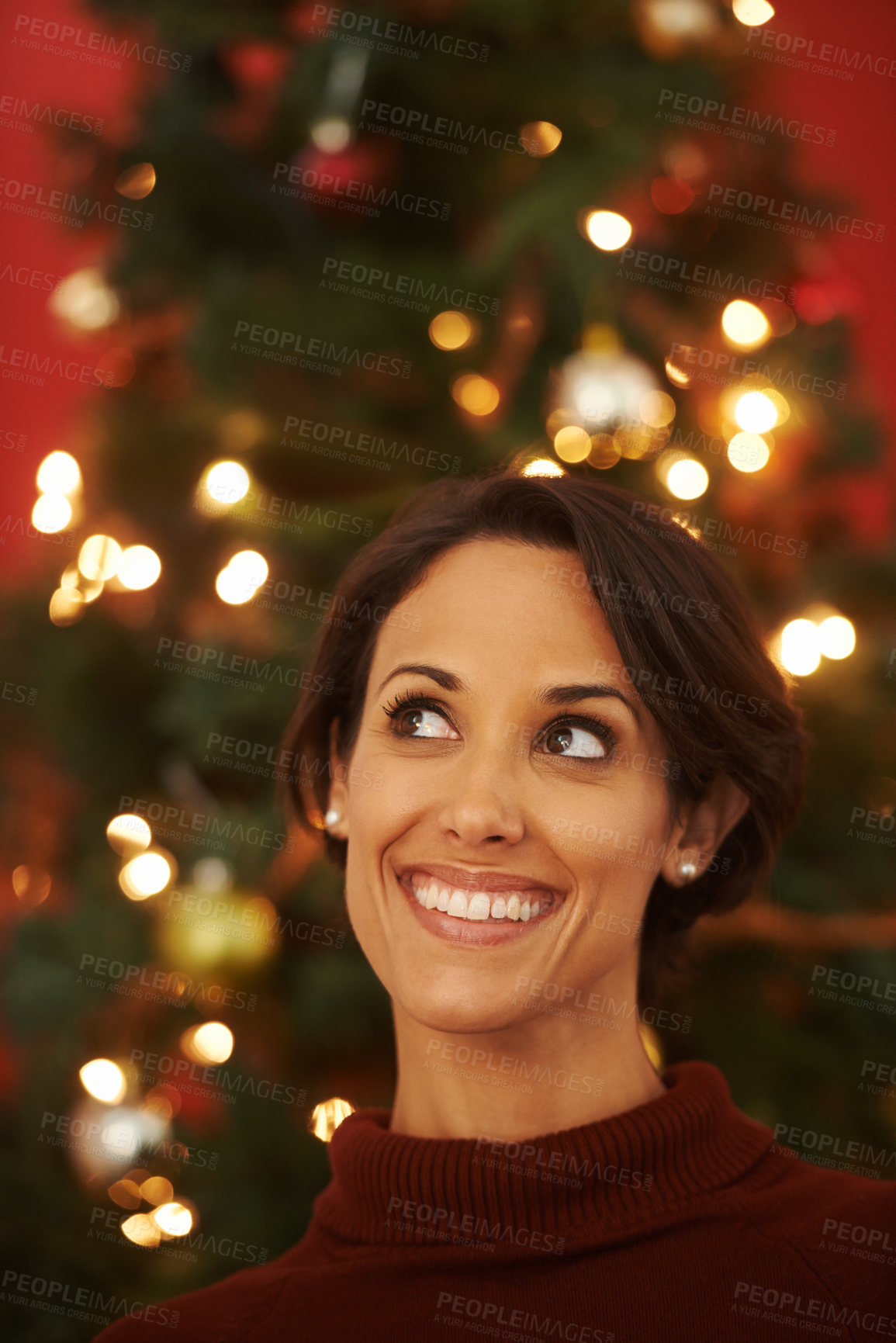 Buy stock photo Thinking, smile and Christmas with woman, home and ideas for festive season and planning for decorations. Person, apartment and lady with Xmas tree and celebration with joy and excited with holiday