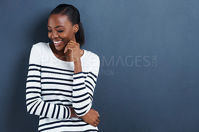 Buy stock photo Black woman, happy and thinking in studio for education, peace and planning for studies by blue background. African student, break and smile for learning on scholarship and positive gen z on holiday