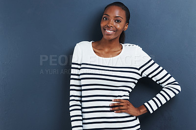 Buy stock photo Portrait, smile and black woman with fashion, confidence and stylish clothes on a grey studio background. African person, model and girl with casual outfit and trendy with happiness and cheerful lady
