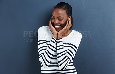 Buy stock photo Shy, thinking and black woman with a smile, ideas and model on a grey studio background. African person, mockup space and girl with solution or thoughts with wonder, decision and planning with choice