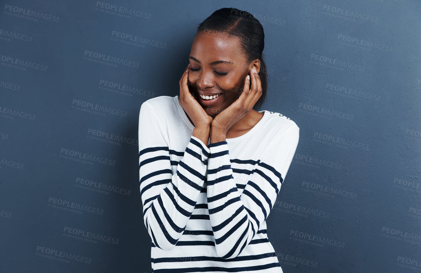 Buy stock photo Shy, thinking and black woman with a smile, ideas and model on a grey studio background. African person, mockup space and girl with solution or thoughts with wonder, decision and planning with choice