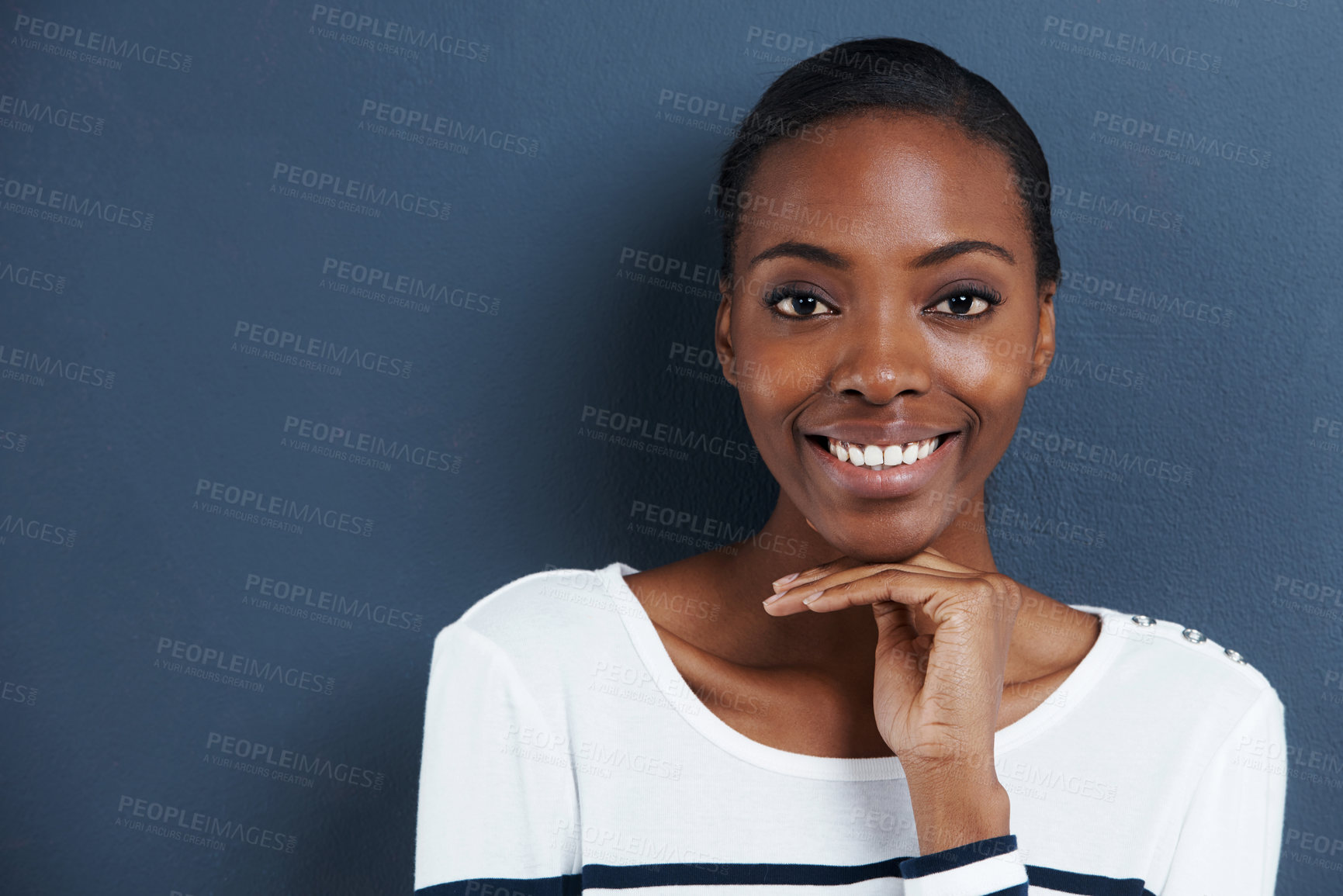 Buy stock photo Portrait, thinking and smile with black woman, choice and decision on a grey studio background. Face, African person and model with mockup space and girl with solution and ideas with problem solving