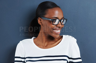 Buy stock photo Glasses, thinking and black woman with smile, ideas or model on grey studio background. African person, mockup space or girl with solution or eyewear with wonder, decision or clear vision with choice
