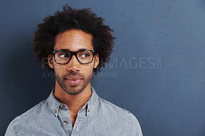 Buy stock photo Thinking, doubt and man with glasses on studio mockup for planning, questions or asking on blue background. Why, curious and African male model with guess, forgot and problem solving or solution