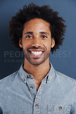 Buy stock photo Happy man, portrait or confident in studio as creative professional or casual fashion by blue background. Brazil person, face or smile for ambition as designer in trendy clothes or closeup in mockup