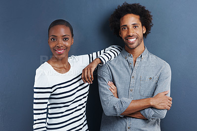 Buy stock photo Fashion, portrait and happy black couple in studio with love and support on gray background together with happiness. African, people and casual clothes or style on date with wall mockup space