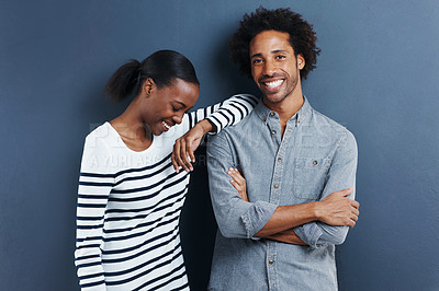 Buy stock photo Fashion, portrait and happy black couple in studio with love and support on gray background together with happiness. African, people and casual clothes or style on date with wall mockup space