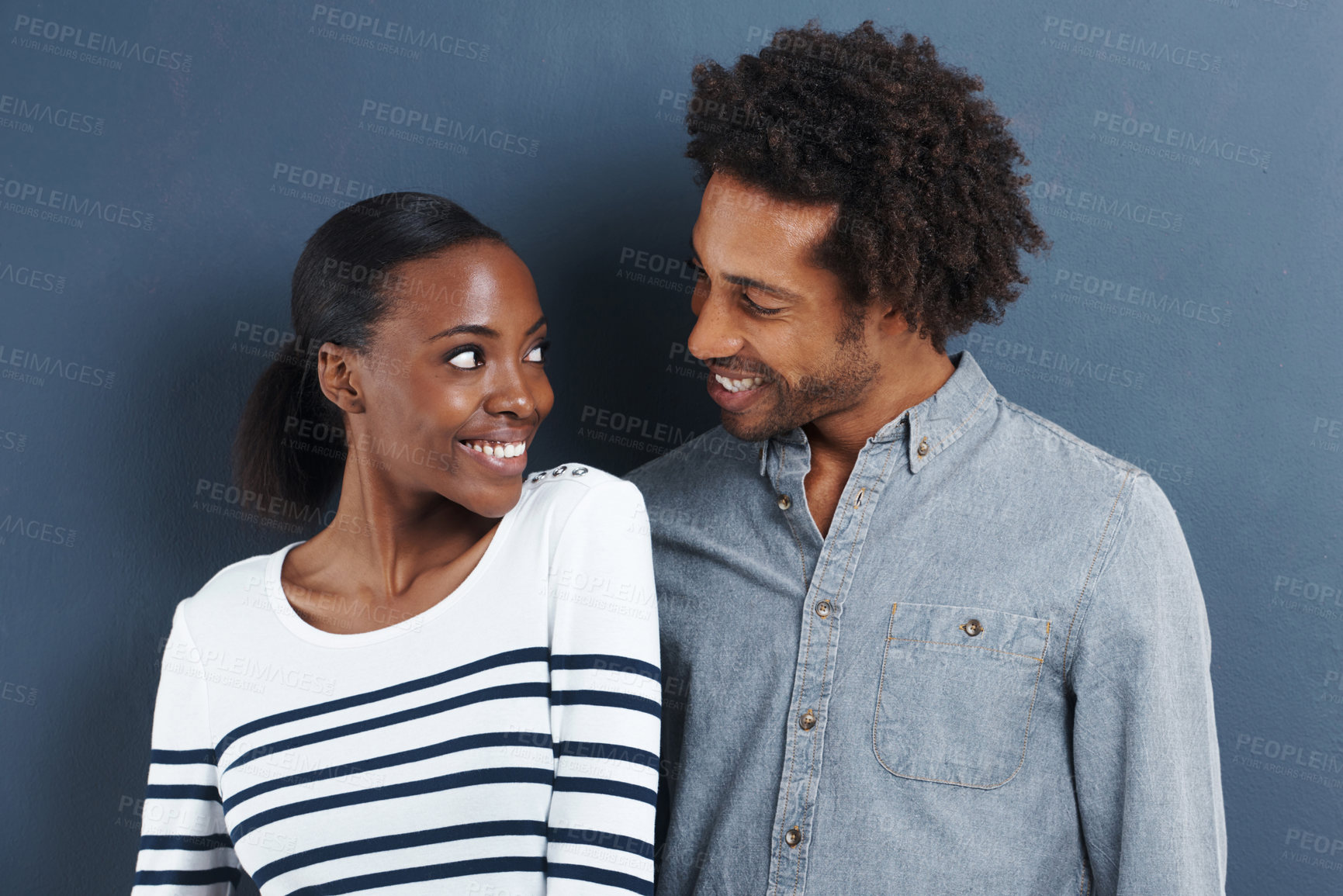 Buy stock photo Happy, portrait and black couple smile with love on studio background together in cool fashion. African, people and relax with partner in profile picture with casual style and clothes on mockup space