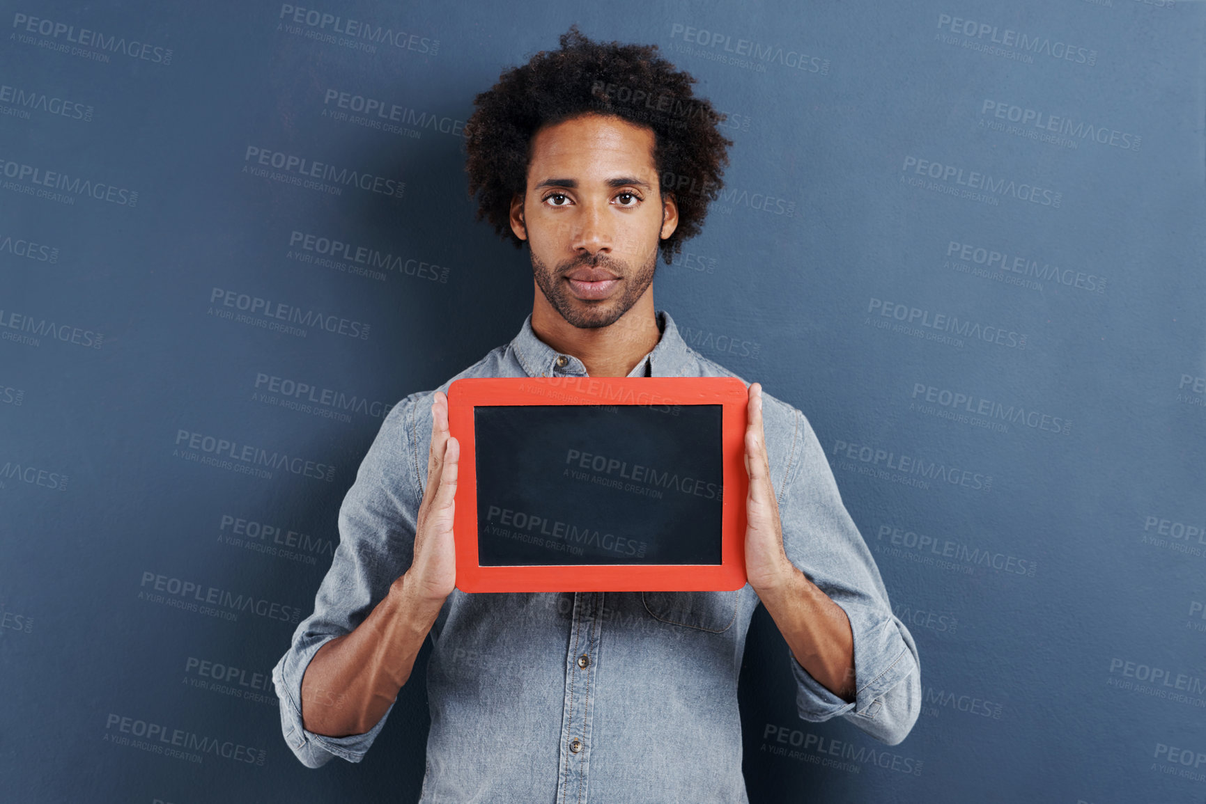 Buy stock photo Portrait, man or blackboard with mockup in studio for news, announcement or offer on blue background. Frame, presentation or face of guy model show space for promotion, info or sign up, guide or deal