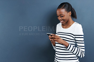 Buy stock photo Phone, app or happy black woman on studio mockup for social media, research or web communication on grey background. Smartphone, search or model with google it, sign up or Netflix and chill download