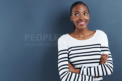 Buy stock photo Black woman, happy and thinking in studio of fashion, inspiration and trendy by blue background. African designer, idea and arms crossed for creativity and planning a small business for funky clothes
