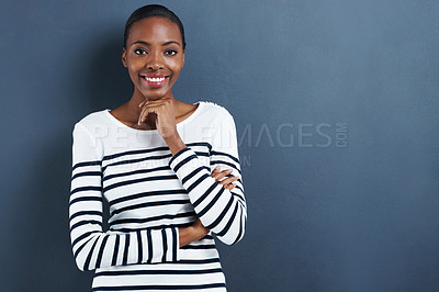Buy stock photo Thinking, smile and portrait of black woman in studio with mockup for planning, faq or solution on grey background. Idea, face and African lady model with why, questions or problem solving conclusion