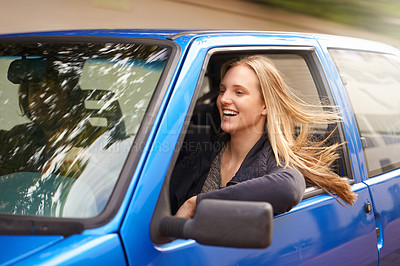 Buy stock photo Happy, travel and couple in car for adventure, journey and commute for vacation, road trip and holiday. Transport, driving and man and woman in vehicle for bonding, relationship and relax together