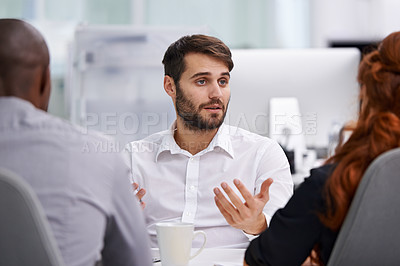 Buy stock photo Business people, meeting and teamwork in office or financial deal or conversation, brainstorming or problem solving. Men, woman and talk for project planning or b2b investment, sale or collaboration