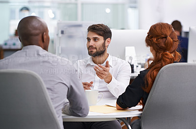 Buy stock photo Business people, boardroom and meeting with brainstorming or teamwork or project planning, problem solving or collaboration. Men, women and financial document or investment sales, deal or partnership