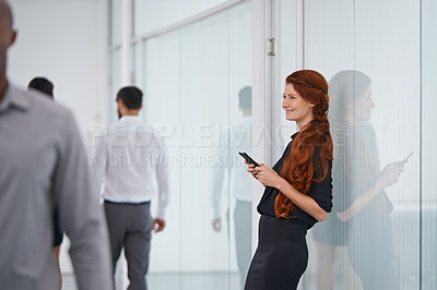 Buy stock photo Phone, office and happy business woman relax on social media, networking and communication. Corporate workplace, online and person on break with smartphone for typing message, email and website