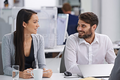 Buy stock photo Woman, man and discussion with coffee at office in morning with smile for ideas, teamwork and questions. Business people, happy and talking for collaboration with conversation in corporate workplace