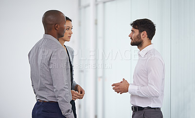 Buy stock photo Men, woman and group discussion in office with ideas, huddle or listen in collaboration at company. Business people, teamwork and meeting with advice in scrum with conversation in corporate workplace