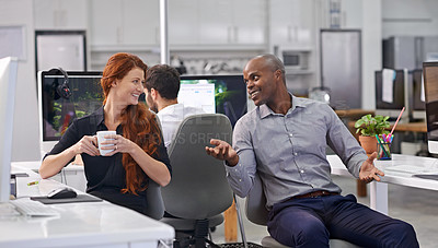 Buy stock photo Woman, man and talking with coffee at office in morning with smile for ideas, teamwork and questions. Business people, happy and discussion for collaboration with diversity in corporate workplace