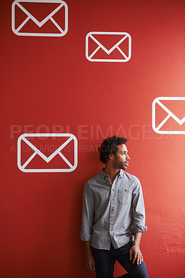Buy stock photo Businessman, entrepreneur and thinking of idea by wall with communication agency for email marketing career. African person, employee and thoughtful for message notification icon with mockup space 
