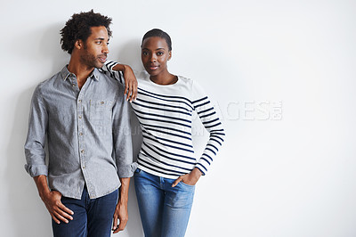 Buy stock photo Couple, happiness and portrait by white wall with embrace for romance, support and healthy relationship with mockup. Black woman, and face of man with hug for trust, comfort and affection with relax