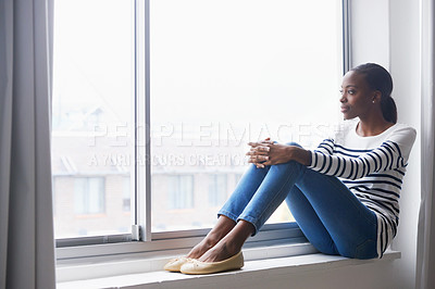 Buy stock photo Woman, smile and thinking on window by new house for relax, property investment or homeownership in lounge. African tenant, person or daydreaming of interior ideas for living room or relocation pride
