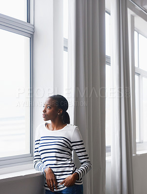 Buy stock photo Woman, relax and thinking by window in new house with confidence for real estate investment and mortgage. African homeowner, person and thoughtful with future home ideas and relocation in living room