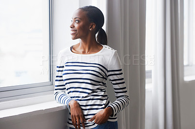 Buy stock photo Woman, happy and thinking by window in new home with confidence for real estate investment and mortgage. African homeowner, person and thoughtful with future house ideas and relocation in living room