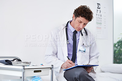 Buy stock photo Man, optician and clipboard for eye care health as professional worker for consultation, research or document. Male person, paperwork and writing for lens prescription for vision, checkup or exam