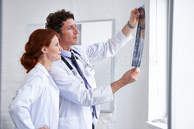 Buy stock photo Shot of two doctors assessing a patient's x-ray at the hospital