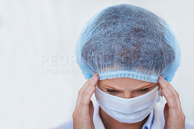 Buy stock photo Face mask, doctor and stress from surgery risk and safety gear for healthcare and medical job. Hospital, ppe and person in clinic with working and health protocol in facility with anxiety and burnout