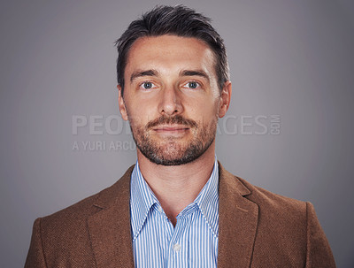 Buy stock photo Business man, portrait and professional in studio, confident accountant on gray background. Male person, serious face and pride for career opportunity, entrepreneur and worker of financial agency