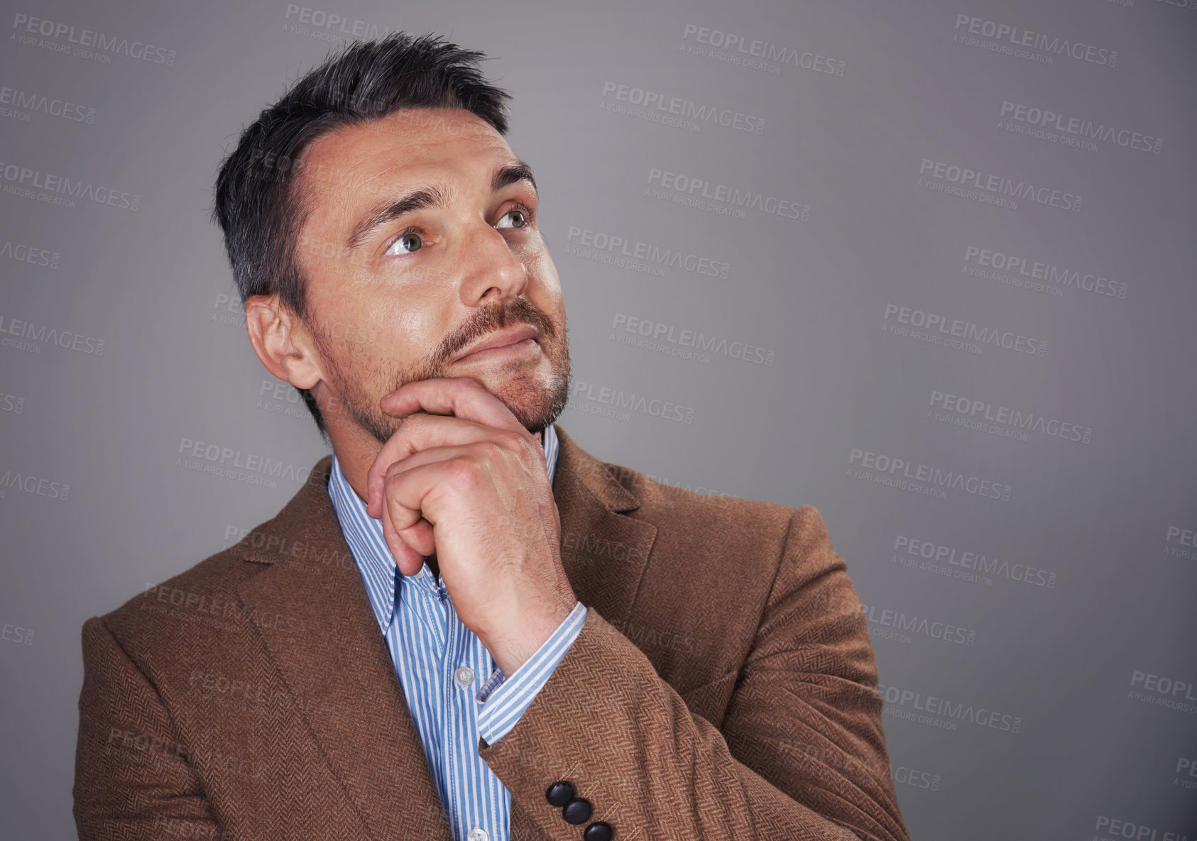 Buy stock photo Business man, idea and thinking in studio, planning and problem solving on gray background. Male person, professional and mockup space for solution, brainstorming and decision or choice for career