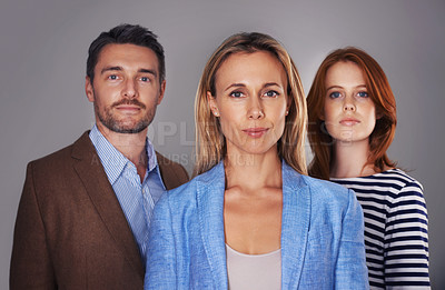 Buy stock photo Teamwork, professional and portrait of business people on gray background for career, work and job. Collaboration, about us and men and women with confidence, company pride and support in studio
