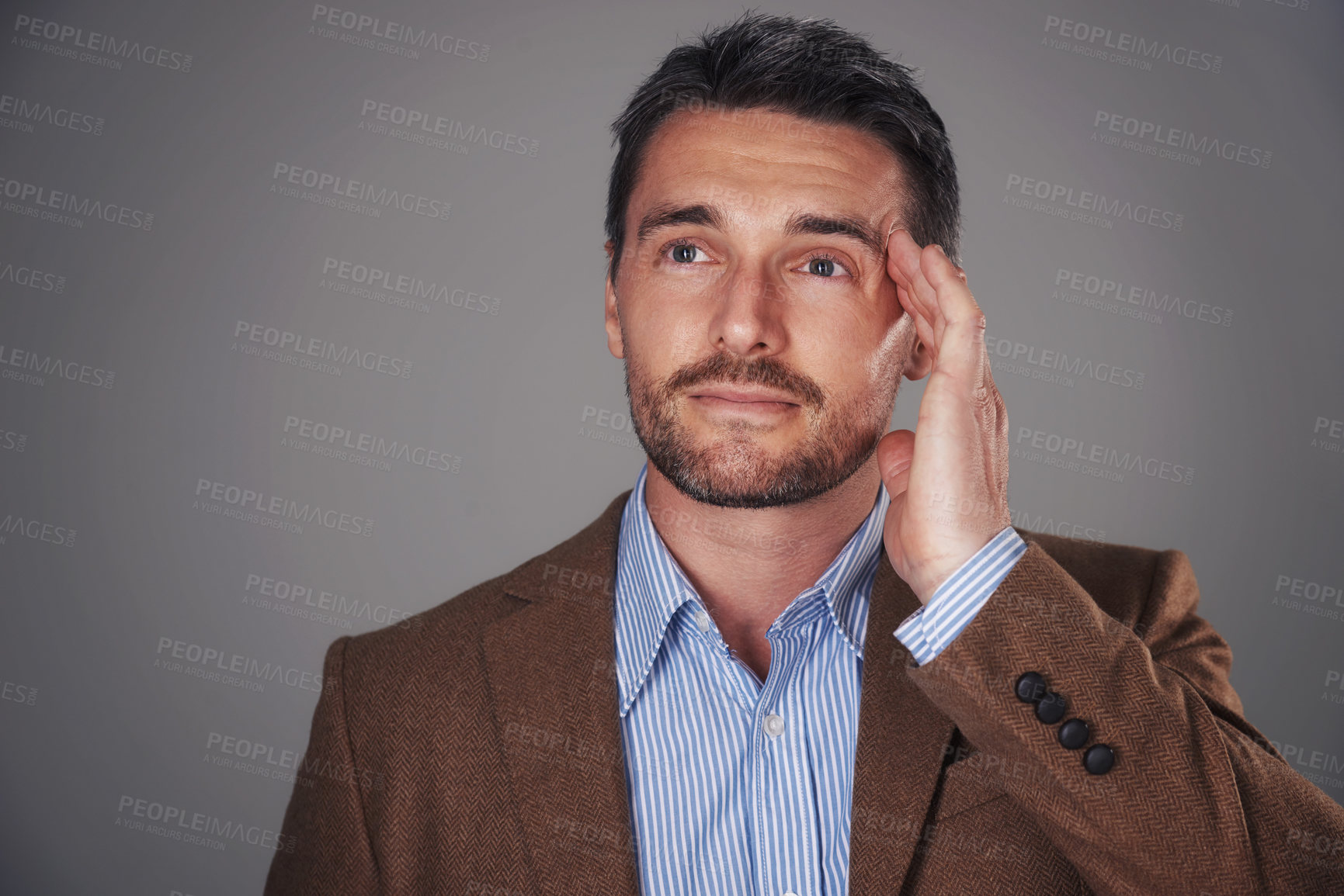 Buy stock photo Thinking, headache and business man on gray background for problem solving, brainstorming or solution. Professional, corporate and isolated person with stress for career, job and work in studio