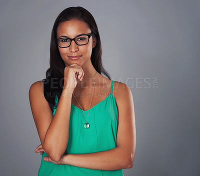 Buy stock photo Happy, gray background and portrait of business woman with glasses for career, work and job. Professional, thinking and isolated person with confidence, company pride and positive attitude in studio