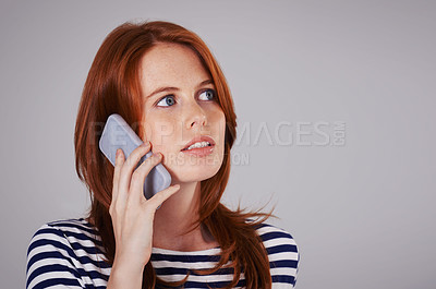 Buy stock photo Woman, phone call and app for communication in studio, internet and network for conversation or chat. Female person, mockup space and voip for speaking on gray background, talking and online story
