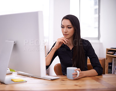 Buy stock photo Thinking, computer and business woman in office brainstorming, planning or reading with coffee inspiration. Insight, questions and female designer online for idea research, email or web communication
