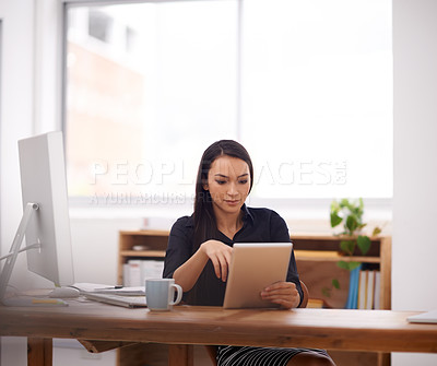 Buy stock photo Tablet, app and business woman in office with social media, ebook or email, client and communication. Digital, search or lady entrepreneur online for networking, planning or research on coffee break