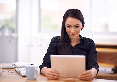 Buy stock photo Tablet, search and business woman in office with social media, ebook or email, client and communication. Digital, app or lady entrepreneur online for networking, planning or research on coffee break
