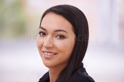 Buy stock photo Business, portrait and happy woman in city street for travel, journey or morning commute to work. Travel, face or female worker outdoor with confidence, smile or positive attitude for job opportunity