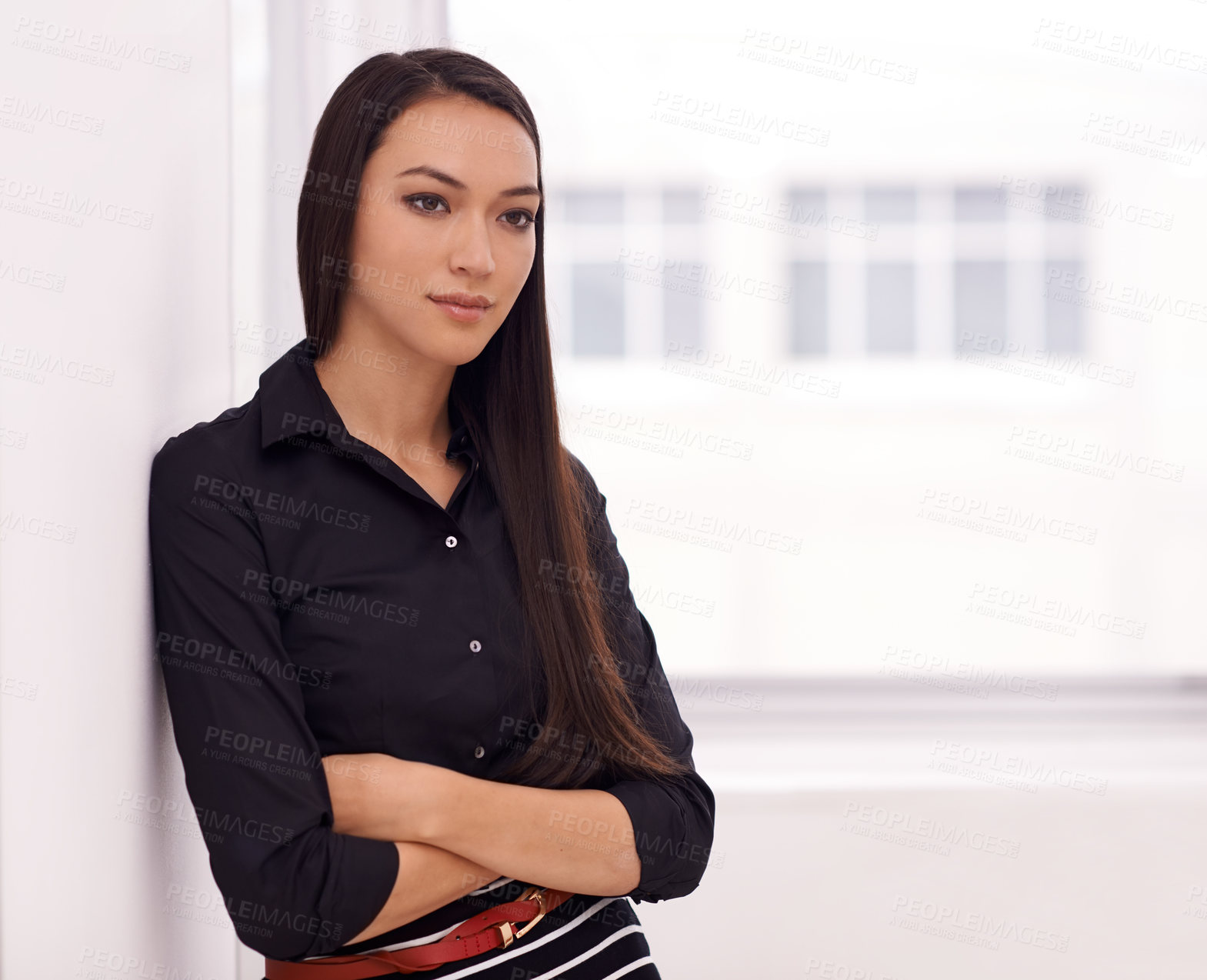 Buy stock photo Thinking, window and business woman with arms crossed in office with questions, brainstorming or planning. Idea, dream and female entrepreneur with startup, goal or career pride, remember or solution