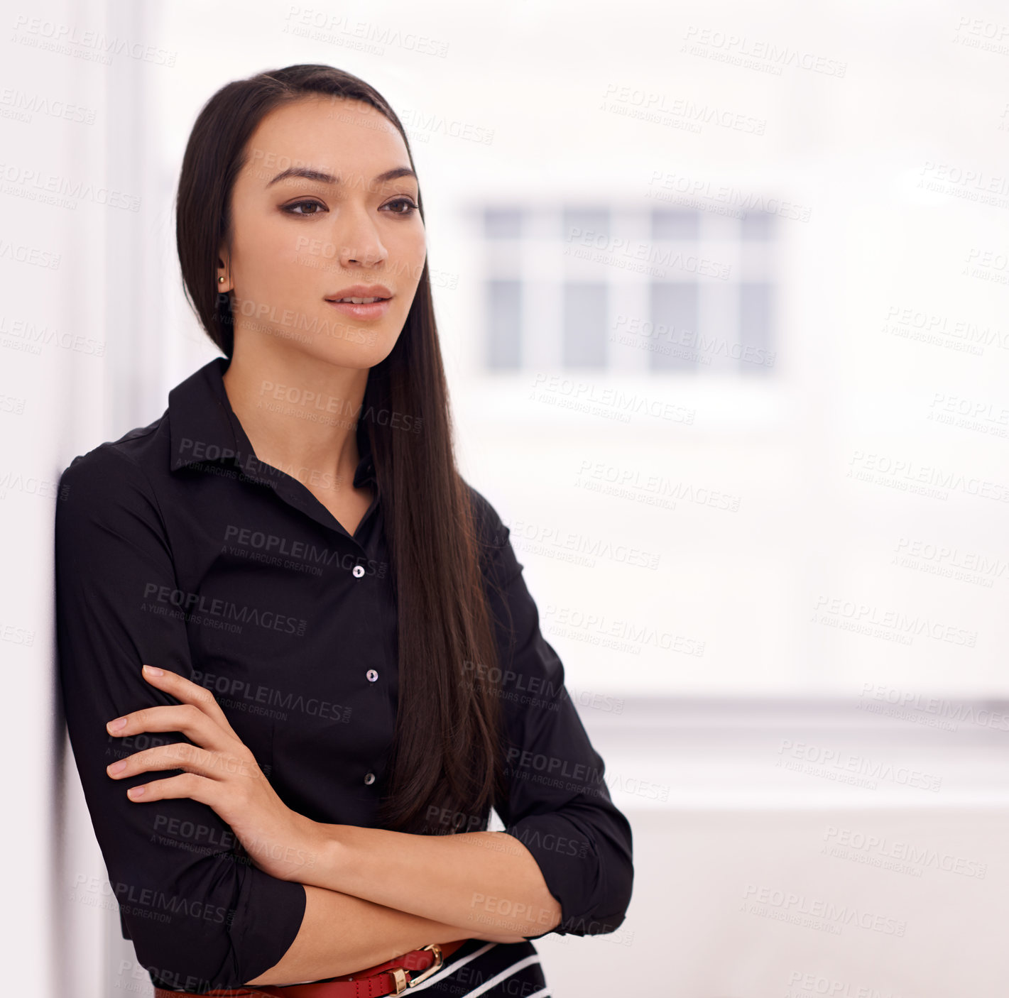 Buy stock photo Window, thinking and business woman with arms crossed in office with questions, brainstorming or planning. Idea, dream and female entrepreneur with startup, goal or career pride, remember or solution