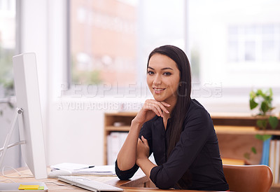 Buy stock photo Office, computer and portrait of business Asian woman at desk with confidence, pride and working. Professional, consultant and portrait of worker for career, job and online project in modern building
