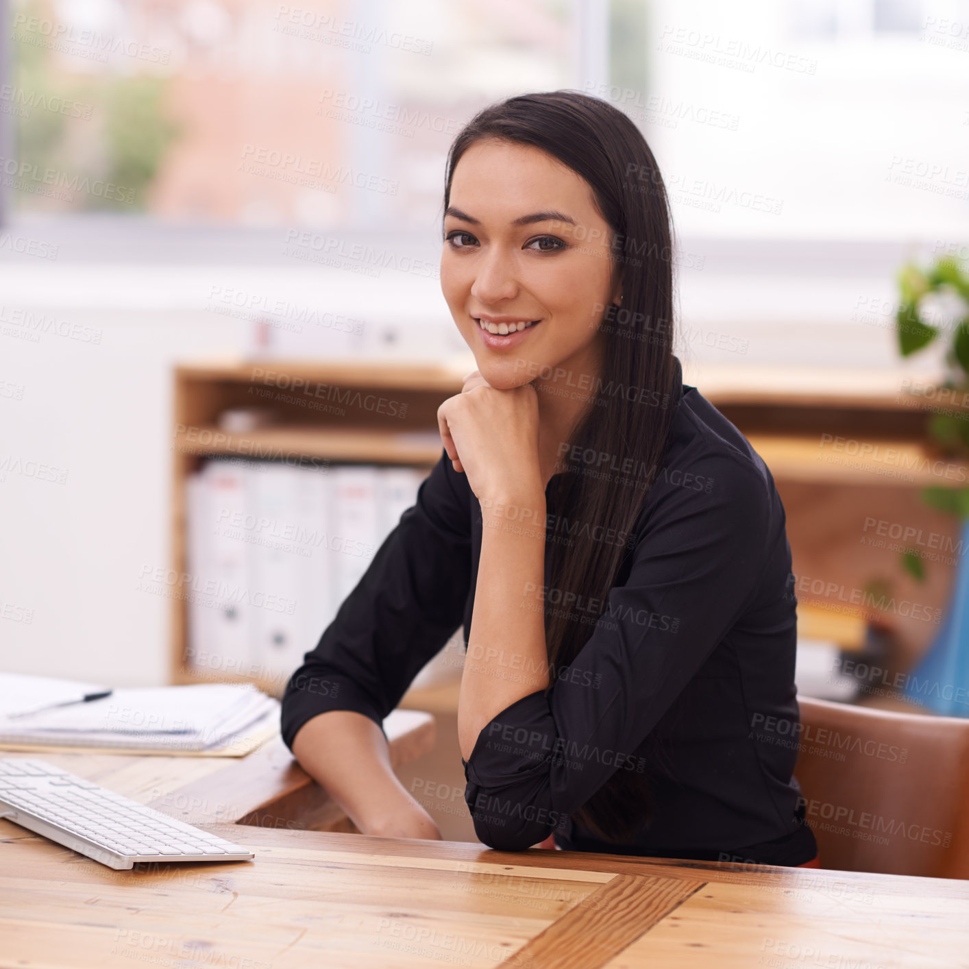 Buy stock photo Office, happy and portrait of business Asian woman at desk with confidence, pride and positive attitude. Professional, consultant and portrait of worker for career, job and working in modern building