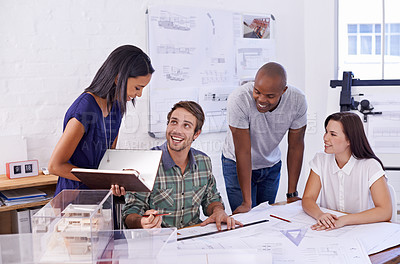 Buy stock photo Architecture, people and collaboration with drawing on blueprint in office for building design, remodeling project and layout plan. Teamwork, architect and happy employees with development planning
