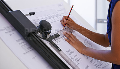 Buy stock photo Person, architect and hands with drawing board, ruler or pencil for floor plan or building at office. Closeup of contractor, engineer or designer writing on blueprint with measuring tool for lines