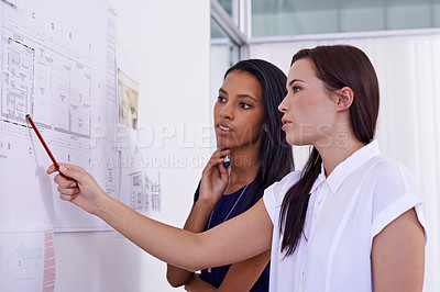 Buy stock photo Architecture, women and teamwork with blueprint in office for building design, remodeling project and layout plan. Business people, collaboration or architect with development planning or engineering