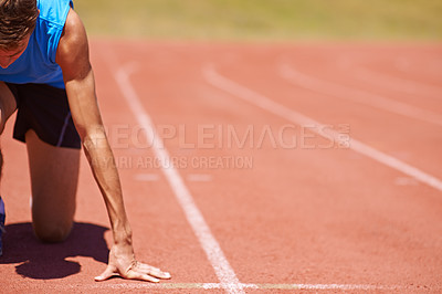 Buy stock photo Running track, start or fitness man on the ground for marathon, training or intense morning cardio. Exercise, go or male runner at sports stadium for athletic, speed or challenge, performance or race